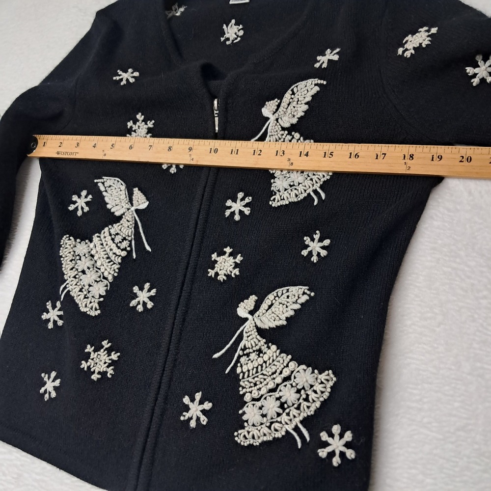 VTG Talbots Sweater Women's Medium Petite Black Angel Embroidered Wool Christmas - Picture 11 of 12